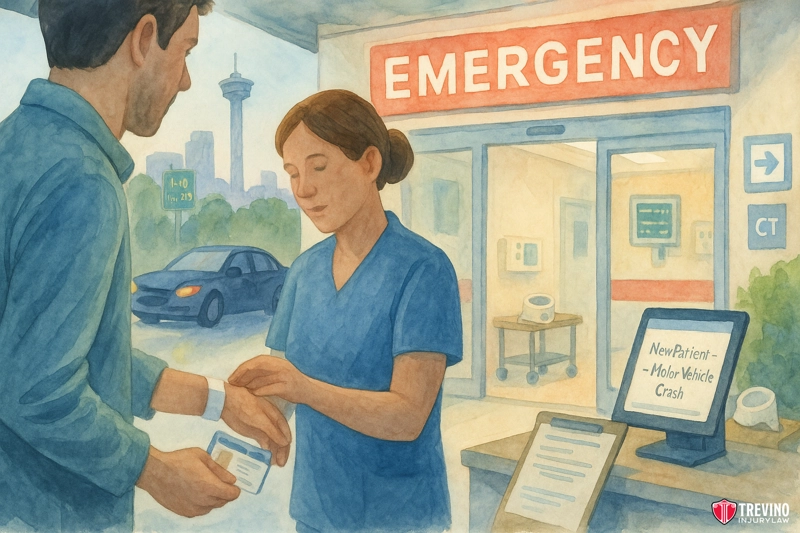 Step 5: Seek Immediate Medical Evaluation (Even If You Feel Fine). A nurse in blue scrubs puts an ID band on a man's wrist outside a San Antonio hospital emergency room. A sign reads "Emergency," a computer displays "New Patient – Car Accident," and a city skyline and parked car are visible in the background.