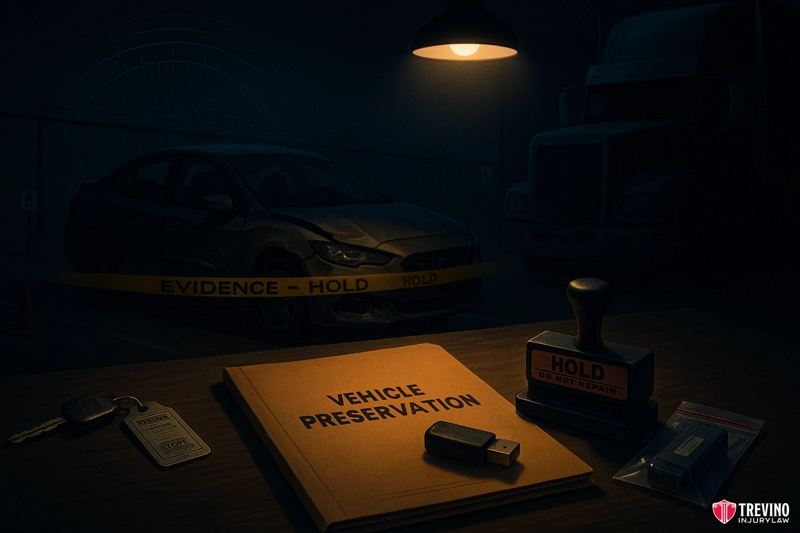 Step 6: Preserve Your Vehicle and Personal Property. A dimly lit room shows a San Antonio car accident scene behind yellow "EVIDENCE - HOLD" tape. In the foreground, a desk holds a "Vehicle Preservation" folder, USB drive, key, evidence bag, and stamp. Trevino Injury Law logo in corner.