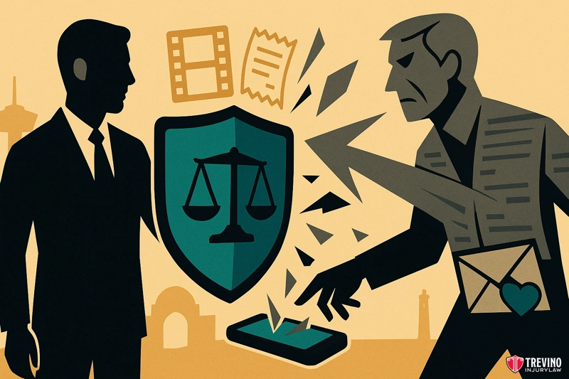 Step 7: Call a Trial-Ready Attorney Before Speaking to Insurance. Illustration of two men: one with a shield symbol featuring scales of justice, the other angrily pointing and breaking the shield. Broken phone, film, and document icons suggest a car accident dispute or accusation, with the Trevino Injury Law logo at the bottom right.