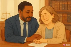 Suing the drunk driver. A comforting man in a dark suit sits beside a visibly emotional woman with light hair and a blue shirt, offering support after a drunk driving accident. They sit at a table with papers, in a wood-paneled room—justice scales and Texas Dram Shop Law books behind them.