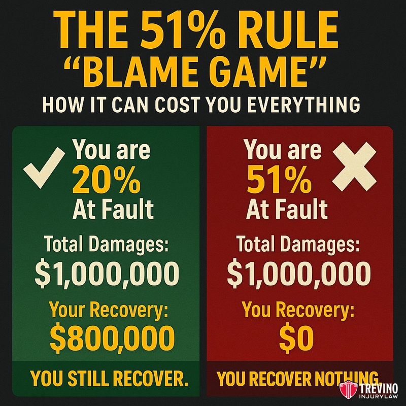 What Is the 51% Rule and How Do These Texas Liability Laws Affect Your Case?. A graphic explains the 51% rule for fault in legal cases, highlighting how it impacts recovery in drunk driving accidents involving San Antonio bars and Texas Dram Shop Law. Trevino Injury Law logo at bottom.