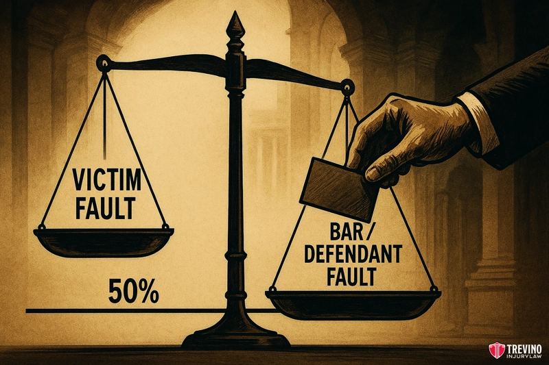 How the 51% Rule Affects Liability in a Texas Dram Shop Case. A hand places a card on a balanced justice scale—one side “Victim Fault: 50%,” the other “Bar/Defendant Fault”—in a sepia-toned, courtroom-inspired scene. The "Trevino Injury Law" logo appears, highlighting San Antonio and defeat TABC defense cases.