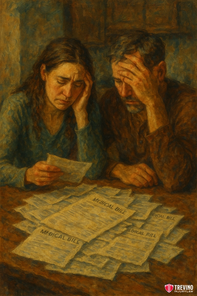 What Evidence Proves Obvious Intoxication in Texas Dram Shop Cases?. A distressed woman and man sit at a table covered in medical bills, overwhelmed as they review a document about drunk driving accidents. The painterly, textured image conveys worry, hinting at the aftermath of incidents tied to San Antonio bars.
