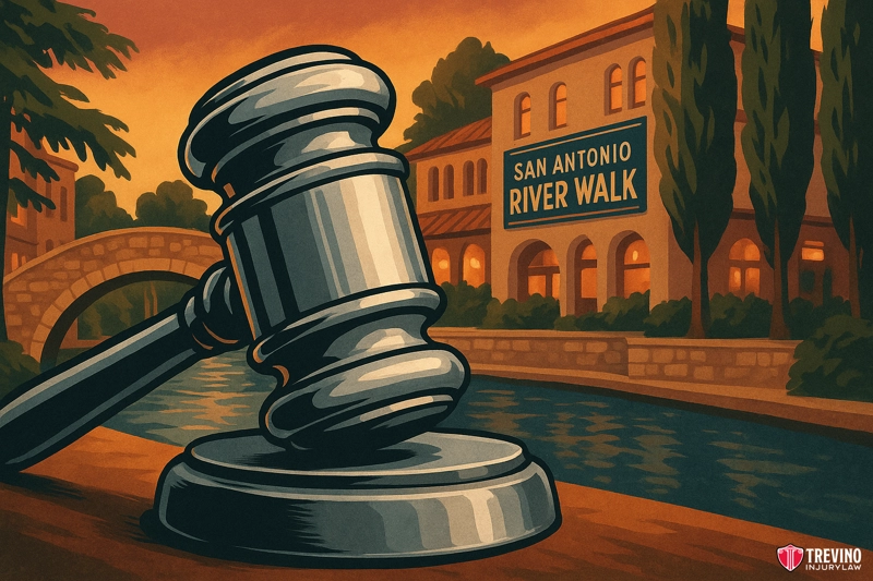 What If the TABC Certification is Expired?. A large judge’s gavel sits by a calm river near the San Antonio River Walk, surrounded by trees and a stone bridge. The warm, illustrated scene captures the city’s charm, hinting at defense and justice under a glowing sunset sky.