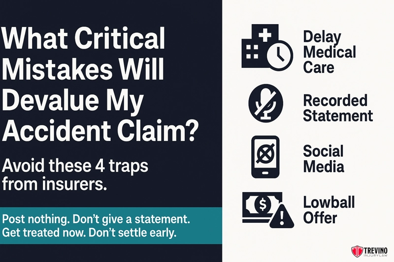 What Critical Mistakes Will Devalue My Accident Claim?. Infographic titled “What Critical Mistakes Will Devalue My Accident Claim?” lists four traps: Delay Medical Care, Recorded Statement, Social Media, and Lowball Offer. San Antonio tip: Know what to do after a drunk driving accident. Trevino Injury Law logo at bottom right.
