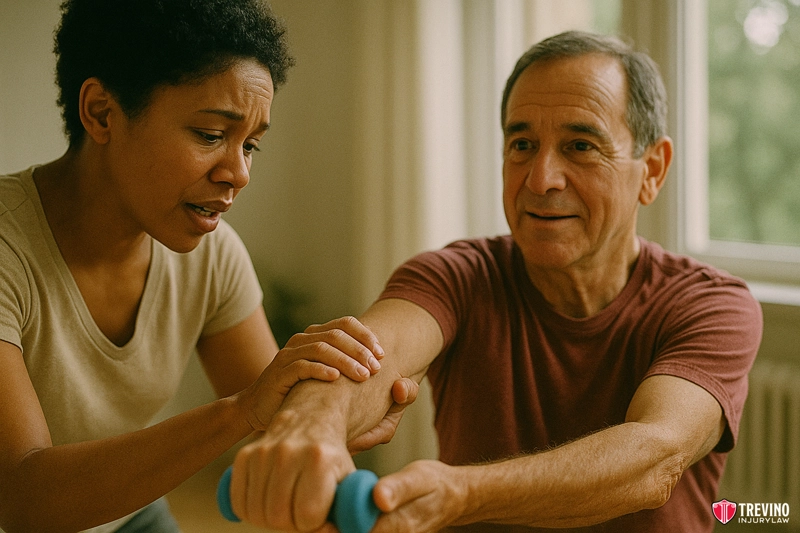 What Personal Injury Damages Can Car Accident Victims Recover Under Dram Shop Laws in Texas?. A woman supports an older man as he does a physical therapy exercise with a blue dumbbell, indoors with warm lighting and a large window in the background. Both are focused; the woman gently guides his arm, reminiscent of dedicated care found in San Antonio bars’ staff.