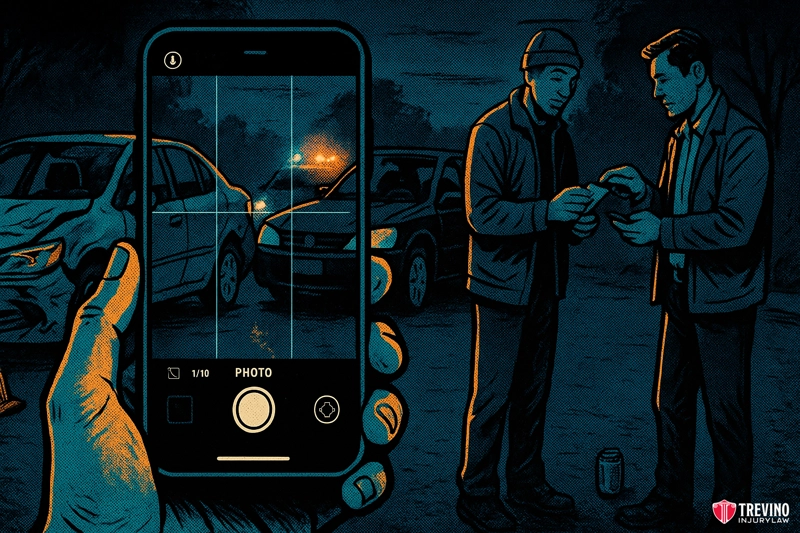 What Steps Should I Take at the San Antonio Accident Scene?. A hand holds a phone, taking a photo of two men exchanging information beside damaged cars after an accident at night. The phone’s camera screen frames the men, with headlights and trees in the background. Illustration is stylized with blue and orange tones.