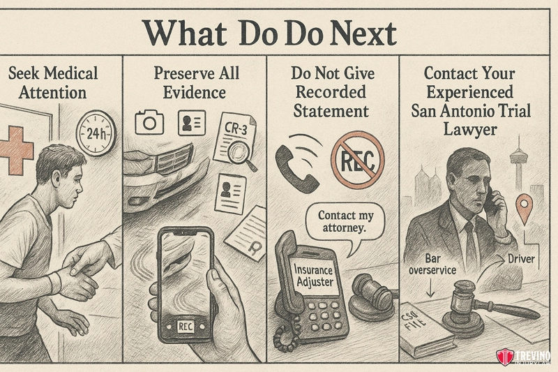 What to Do After a Drunk Driving Car Wreck. A four-panel illustration details post-accident steps: Seek medical attention (nurse, cross sign), preserve evidence (photographing drunk driving crash damage), avoid giving a recorded statement, and consult a San Antonio trial lawyer.