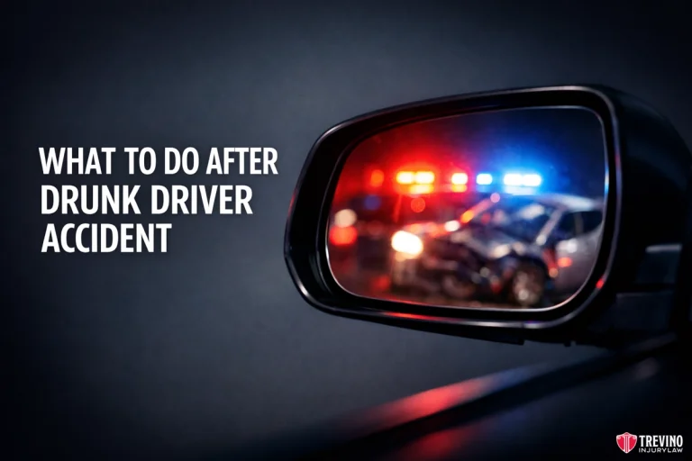 What to do after drunk driving accident in San Antonio. A car’s side mirror reflects police cars with flashing red and blue lights at a nighttime accident scene. Text on left reads, “What to do after drunk driver accident.” The Trevino Injury Law logo appears in the bottom right corner.