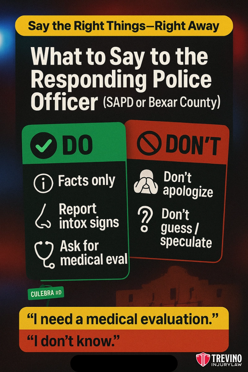 What to Say to the Responding Police Officer (SAPD or Bexar County). An infographic provides advice for talking to police in SAPD or Bexar County. "Do": share facts only, report injury signs, ask for medical evaluation. "Don't": apologize, guess, or speculate. Quotes: "I need a medical evaluation." & "I don't know." Trevino Injury Law logo.