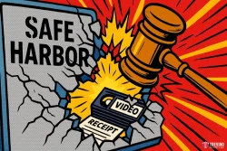 What's the Difference Between Defeating Safe Harbor and Proving Overserving?. A comic-style image shows a large gavel smashing through a concrete sign labeled “SAFE HARBOR,” symbolizing the defeat defense of TABC Safe Harbor in San Antonio. Debris flies as a VHS tape and a receipt labeled “VIDEO” are struck amid bold, radiating colors.