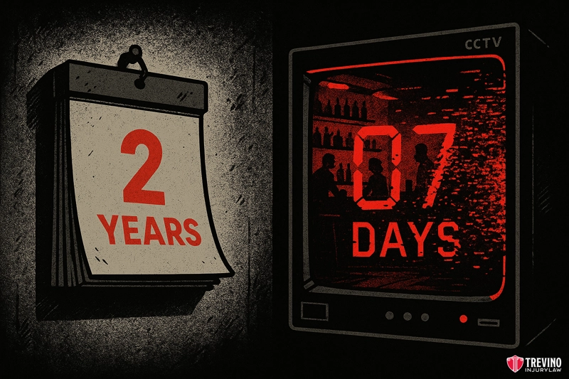 Why You Need an Immediate Case Evaluation to Protect Your Claim. An illustration shows a calendar on the left displaying “2 YEARS” and a CCTV screen on the right with red numbers reading “07 DAYS” and silhouettes of people at a San Antonio bar. The bottom right corner has the Trevino Injury Law logo.