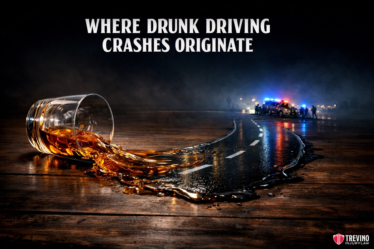 Where do alcohol related crashes happen in San Antonio TX. A tipped glass of whiskey spills onto a table, the liquid transforming into a winding road leading to a car crash scene with police lights in the distance. The text reads, “WHERE DRUNK DRIVING CRASHES ORIGINATE.” Trevino Injury Law logo appears at the bottom right.