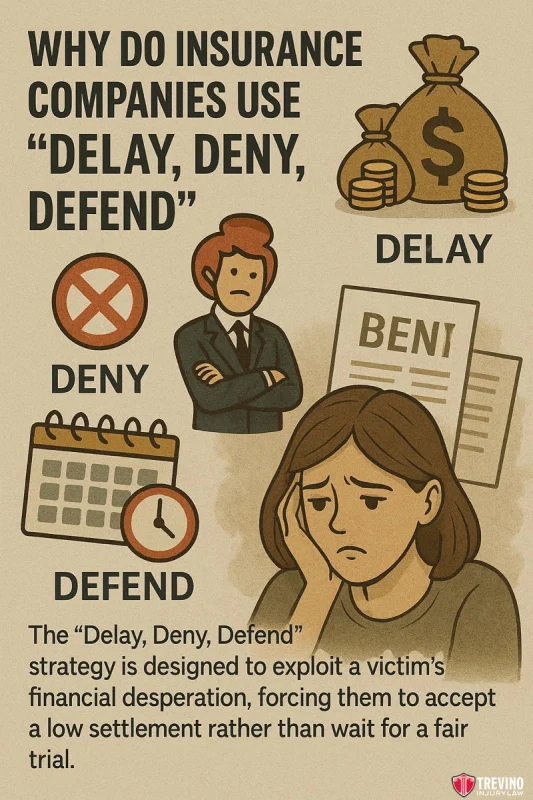 why do insurance companies use delay deny defend. An infographic explains how insurance companies use the “Delay, Deny, Defend” strategy, with illustrations: a clock and dollar bag for delay, a denied document for deny, a lawyer for defend, and a sad woman; text describes the strategy’s unfair impact on victims.