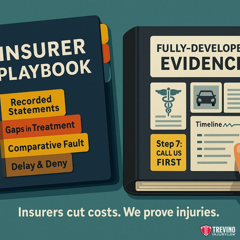 Why Insurance Companies Devalue the Evidence That Supports Your Drunk Driving Accident Claim?. An illustration shows two binders: one labeled “Insurer Playbook” with tabs like “Recorded Statements” and “Delay & Deny.” The other, “Fully-Developed Evidence,” highlights collecting evidence for drunk driving car accident cases in San Antonio.