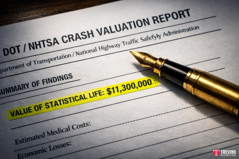 A DOT/NHTSA crash cost report estimates 11.3M per fatality when quality of Life valuations are include. A fountain pen rests on a DOT/NHTSA crash valuation report. The phrase “VALUE OF STATISTICAL LIFE: $11,300,000” is highlighted in yellow. Additional text about medical costs and economic losses is partially visible below.