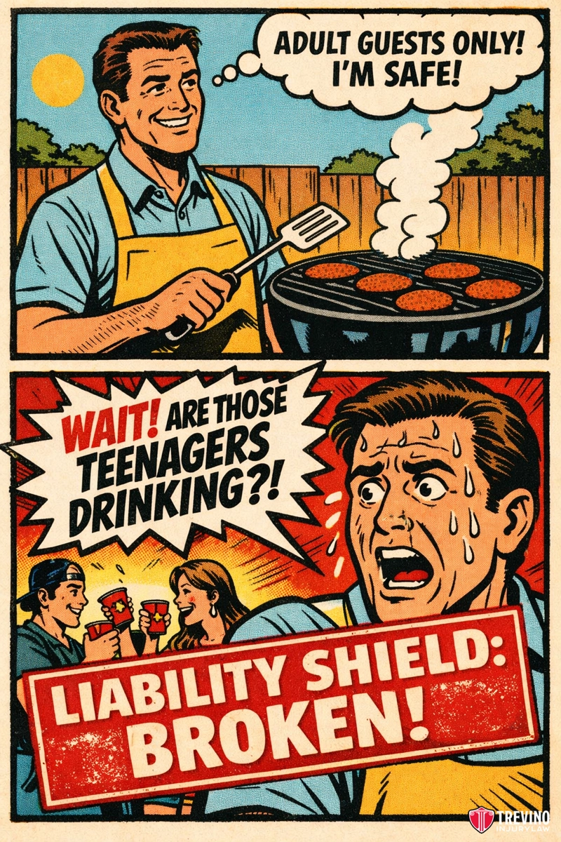 Are-Social-Hosts-Ever-Subject-to-Civil-Liability-in-Texas. A comic-style image shows a smiling man grilling burgers with a speech bubble: “Adult guests only! I’m safe!” In the next panel, he looks shocked and sweats as teenagers drink from red cups. Text reads: “Liability shield: Broken!” with dramatic emphasis.