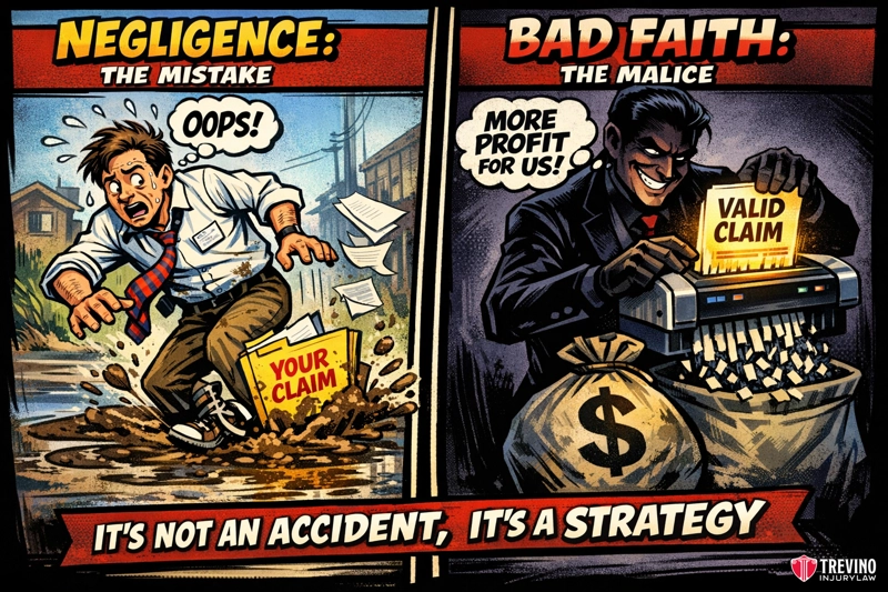 Bad-Faith vs. Negligence What Is the Difference. A comic-style split panel: Left shows a man in a tie tripping and dropping a folder labeled "Your Claim" into muddy water, captioned "Negligence: The Mistake." Right shows a sinister man shredding a "Valid Claim" for money, captioned "Bad Faith: The Malice.