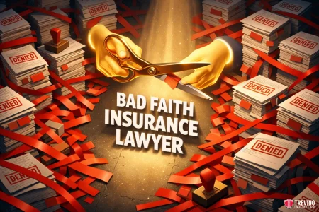 Bad faith insurance lawyer. Illustration of golden hands cutting red tape above stacks of denied insurance claim papers. Red tape entangles piles of documents. Bold text in center reads “BAD FAITH INSURANCE LAWYER.” Light shines on the scene. Trevino Injury Law logo appears in the bottom right corner.