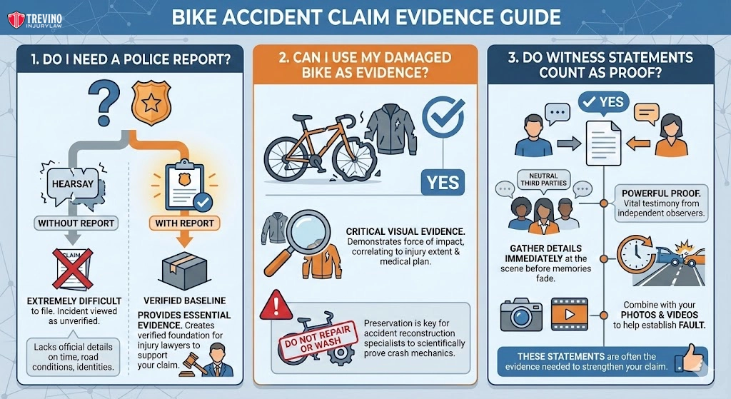 Bike-Accident-Claim. A diagram of a bicycle accident claim in San Antonio, highlighting the key evidence needed for a successful case.