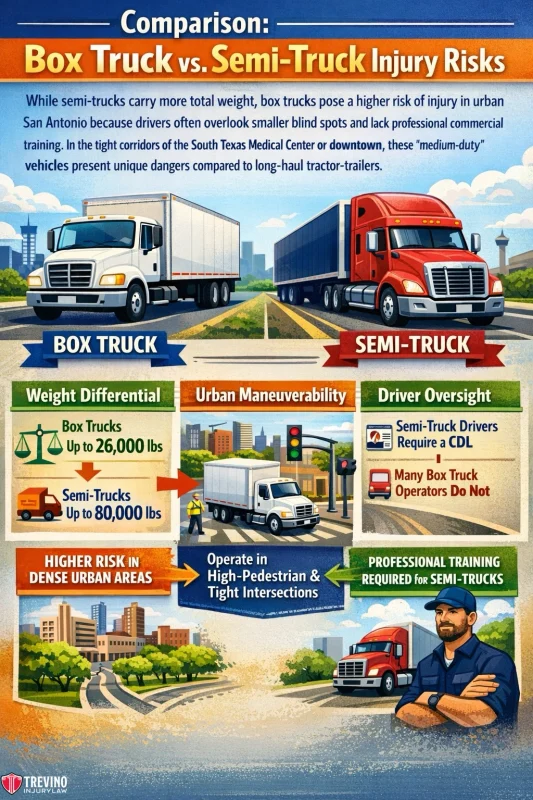 Box-truck-vs-semi-truck-injury-risks. An infographic compares box trucks (white, left) and semi-trucks (red, right) on injury risks, weight limits, urban maneuverability, and training needs, using text, icons, and illustrated city and rural backgrounds for each vehicle.