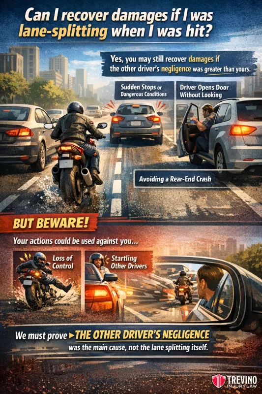 Can-I-recover-damages-if-I-was-lane-splitting-when-I-was-hit. An infographic shows a motorcyclist lane-splitting in traffic. Text explains that damages can be recovered if the other driver’s negligence is proven. Illustrations warn of risks such as loss of control and startling other drivers. The Trevino Law Firm logo is at the bottom.