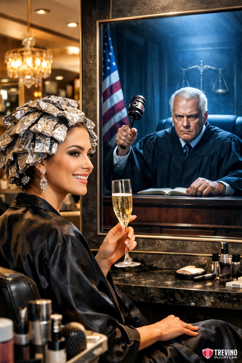 Can a Restaurant or Non Bar Business Be Held Liable. A smiling woman in a salon robe with foil wraps in her hair holds a glass of champagne. In the mirror, instead of her reflection, a stern judge with a gavel and an American flag is shown, as if presiding over her beauty treatment.