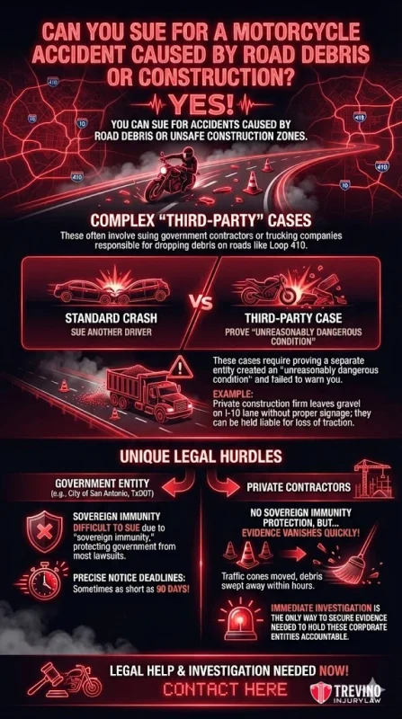 Can-you-sue-for-a-motorcycle-accident-caused-by-road-derbis-or-consutruction. Infographic titled "Can You Sue for a Motorcycle Accident Caused by Road Debris or Construction?" explains third-party liability, legal hurdles with suing the government or contractors, and emphasizes the need for legal help, using red, white, and black graphics and text.