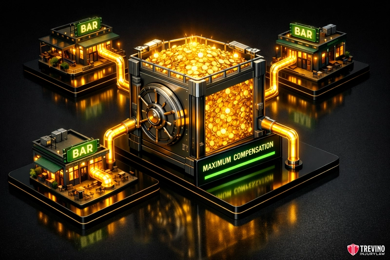 Can you sue multiple bars for a single drunk driving accident? A large safe labeled "Maximum Compensation" overflows with gold coins. Three bar buildings are connected to the safe by glowing orange pipes, suggesting money is flowing from the bars into the safe. The background is dark, highlighting the bright elements.