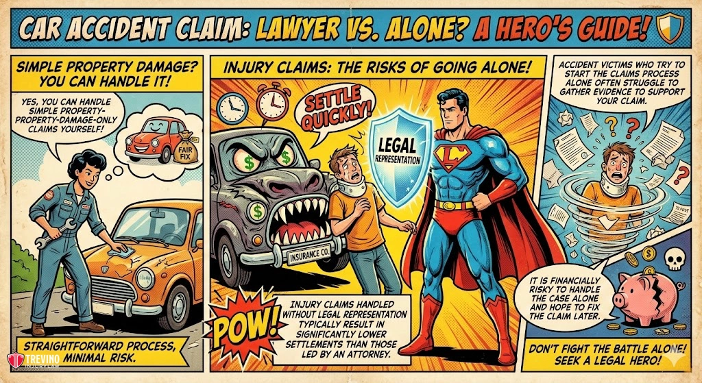 Car-accident-claim. A comic strip compares handling car accident claims alone versus with a lawyer. Left: A woman confidently handles a fender bender. Right: Injury claims are depicted as dangerous, with a superhero lawyer protecting a client from threats like a monster and insurance agent. Text urges legal help.