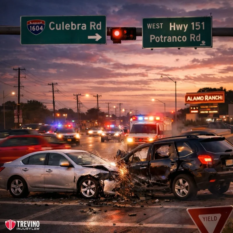 Car-accidents-san-antonio-roads. Two cars, a silver sedan and a black SUV, have collided head-on at an intersection beneath highway signs for Culebra Rd, Hwy 151, and Potranco Rd. Emergency vehicles with flashing lights are present; it's dusk, and a Yield sign is visible in the foreground.