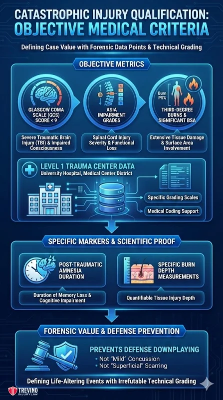 Catastrophic-injury-quialification. An infographic titled “Catastrophic Injury Qualification: Objective Medical Criteria” explains metrics like coma scale, impairment grades, trauma center data, markers (amnesia, brain injury), and how forensic evidence prevents defense arguments in legal-medical cases. Blue color scheme.