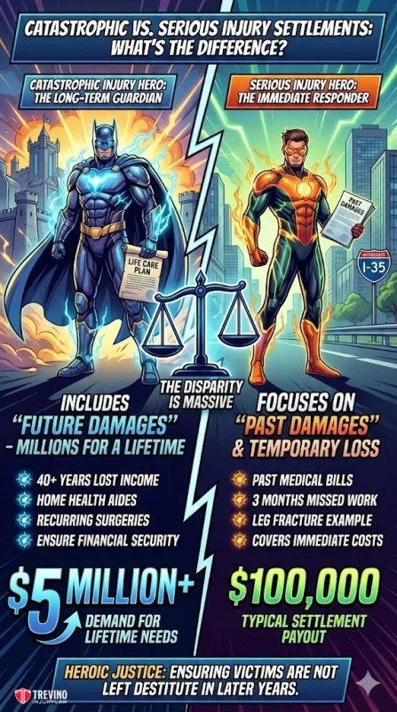 Catastrophic-vs-serious-injury-settlements. A comic-style infographic compares "Catastrophic" and "Serious" injury settlements. A blue costumed hero stands left with "future damages" text and $5 million+ for lifetime needs, while a red/yellow hero on the right shows "past damages" and $100,000 average payout for temporary loss.