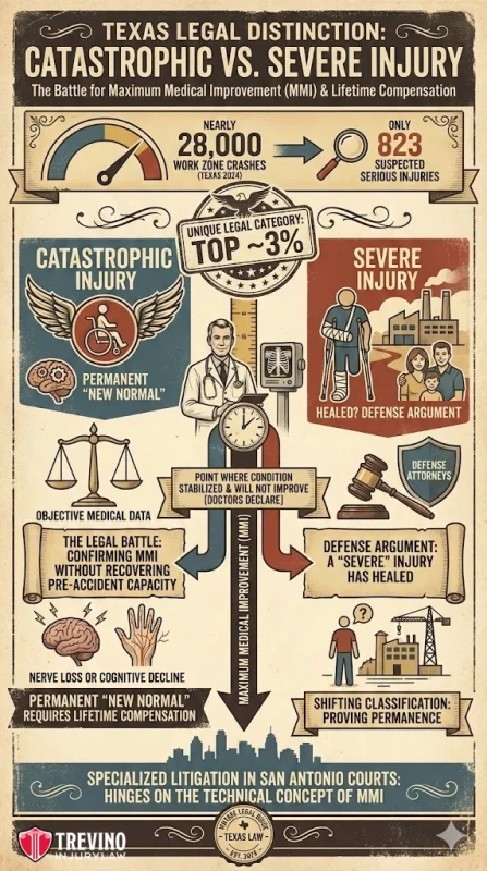 Catastrophic-vs-severe-injury. Infographic comparing catastrophic vs. severe injury in Texas law. Catastrophic: permanent loss, defense claims “new normal”; severe: less severe, defense claims healing expected. Includes stats, legal steps, courtroom illustrations, and injury classification details.