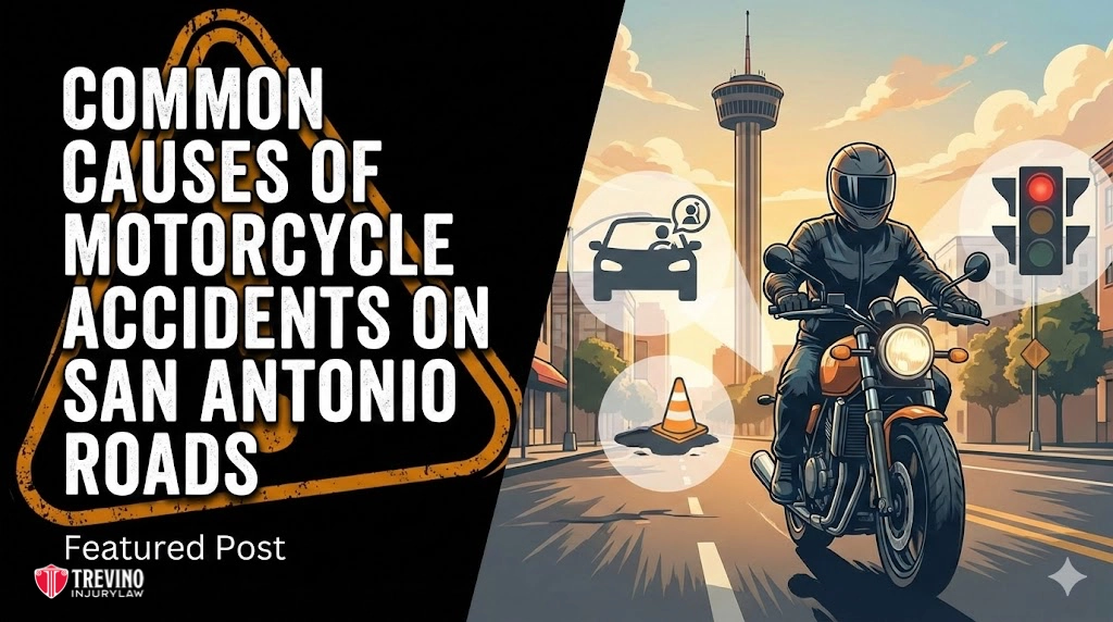 Common-causes-of-motorcycle-accidents-on-san-antonio-roads. A motorcyclist rides on a city street toward the camera, wearing a helmet and black gear. Traffic symbols, a cone, and a red light surround him. The left side has bold text: “Common Causes of Motorcycle Accidents on San Antonio Roads.” Trevino Injury Law logo appears below.