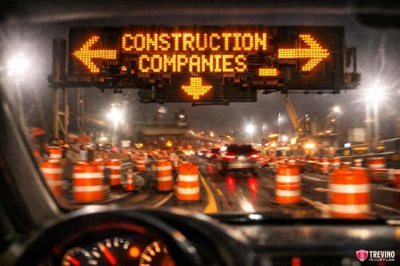 Construction companies. View from inside a car driving through a busy nighttime construction zone, with orange traffic barrels, blurred headlights, and a bright electronic sign reading "CONSTRUCTION COMPANIES" with arrows pointing left, right, and down.