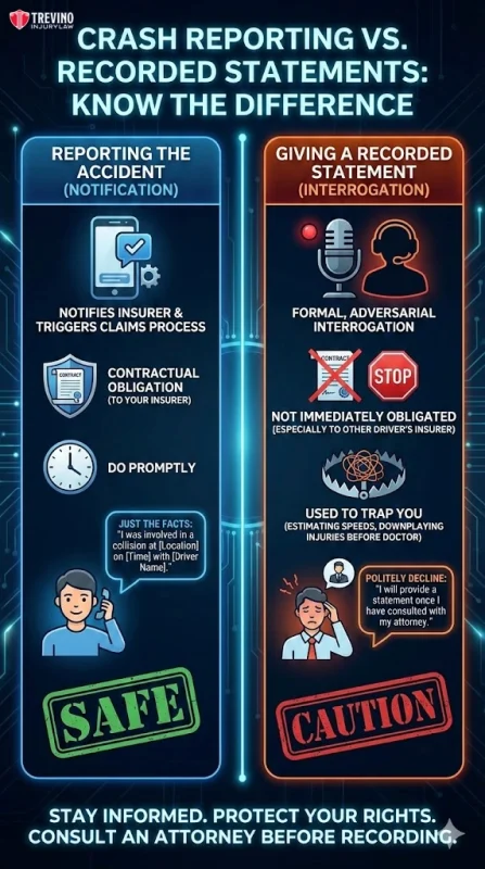 Crash-reporting-vs-recorded-statements. An infographic compares reporting an accident ("safe") versus giving a recorded statement ("caution"). It explains that reporting the accident is a contractual obligation and should be done promptly, while giving a recorded statement is adversarial and not immediately required.