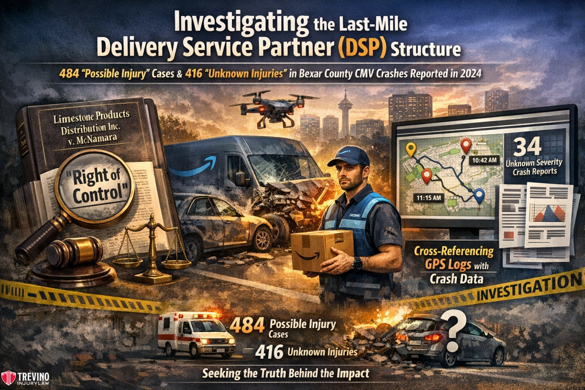 Delivery-service-partner. A collage-style image shows a delivery worker with packages, a drone, and a van crash. Text highlights 484 “possible injury” cases and 416 “unknown injuries” in Bexar County 2024. Screens display crash maps and logs, and a badge reads “Right of Control.”.