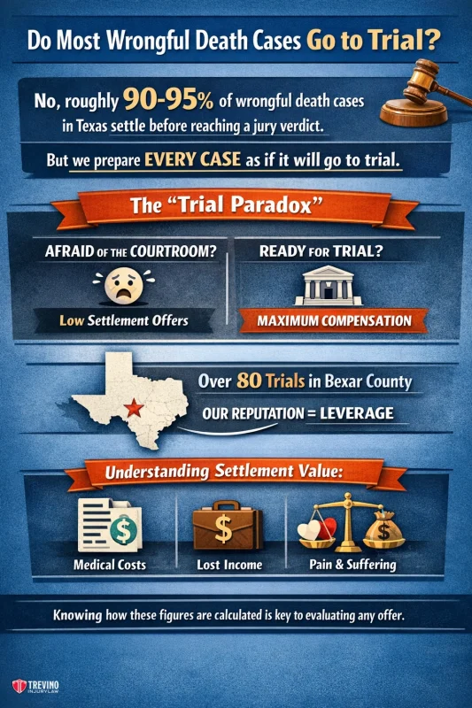 Do-Most-wrongfull-death-cases-go-to-trial. Infographic titled "Do Most Wrongful Death Cases Go to Trial?" highlights that 90-95% settle before trial. It shows icons for courtroom fear, compensation, a Texas map, a gavel, and three factors of settlement value: medical costs, lost income, and pain & suffering.