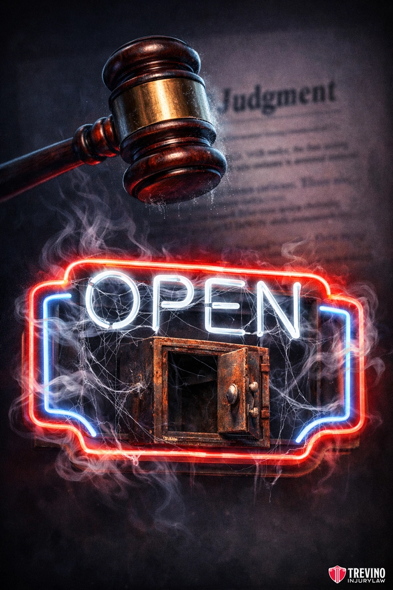 Do Texas Bars Need Liquor Liability Insurance to Operate? A judge’s gavel hovers above a neon “OPEN” sign, which is mounted over an old, rusty jail cell door with cobwebs. Smoke swirls around the sign. A blurred legal document titled “Judgment” appears in the background. Trevino Law logo is at the bottom right.