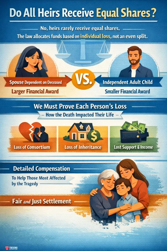 Do-all-heirs-receive-equal-shares. Infographic titled "Do All Heirs Receive Equal Shares?" shows a spouse (larger financial award) versus an independent adult child (smaller award). Illustrations explain loss types and compensation, ending with a family hugging and text about fair, just settlements.