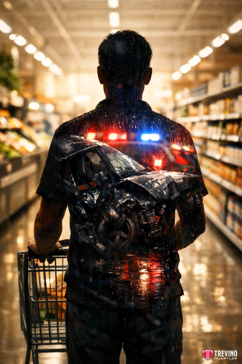 Documenting Pain and Suffering and Mental Anguish in a DWI Accident in Texas. A man with a shopping cart stands in a grocery store aisle. His silhouette reveals a dramatic double exposure: a wrecked car and police lights at night, hinting at a traumatic memory or experience. The scene is artistically overlaid with rain for added mood.