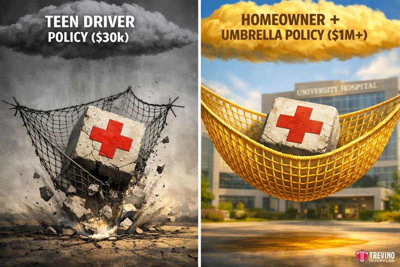 Does Homeowners Insurance Cover Auto Accident Damages. Split image comparison. Left: A large cement block with a red cross falls, breaking through a thin net labeled "Teen Driver Policy ($30k)" on a dark, cloudy background. Right: The same block is safely caught by a thick golden net labeled "Homeowner + Umbrella Policy ($1M+)" before a hospital.
