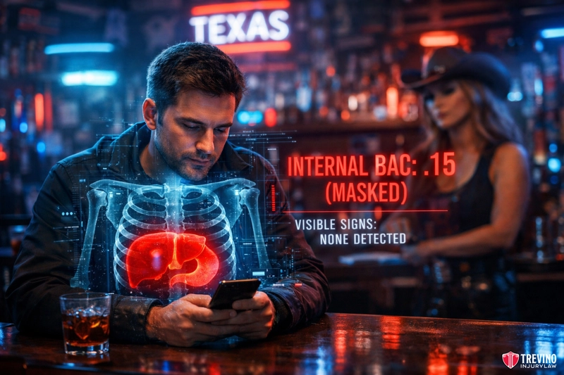 Does-a-High-Blood-Alcohol-Concentration-BAC-Prove-Obvious-Intoxication. A man at a bar looks at his phone, a whiskey glass in front of him. An augmented reality overlay shows his internal BAC as .15 with "masked" written, and "Visible signs: None Detected." A bartender stands in the blurred background, neon "TEXAS" sign above.