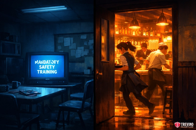 Does a Valid Safe Harbor Defense Mean the Case Is Over. A dim, blue-lit room with a TV displaying "Mandatory Safety Training" contrasts with a bright, bustling restaurant kitchen, where workers in uniforms move quickly. The two scenes are divided by a doorway, highlighting the difference between training and real work.