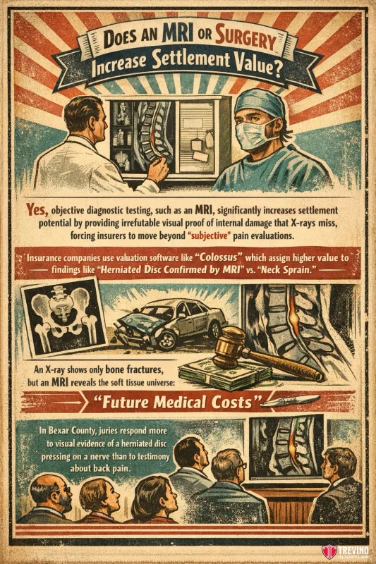 A vintage-style illustrated infographic explains that MRIs increase settlement value in injury cases by clearly showing soft tissue damage, which persuades insurers and juries by providing objective proof, unlike X-rays or subjective pain reports.