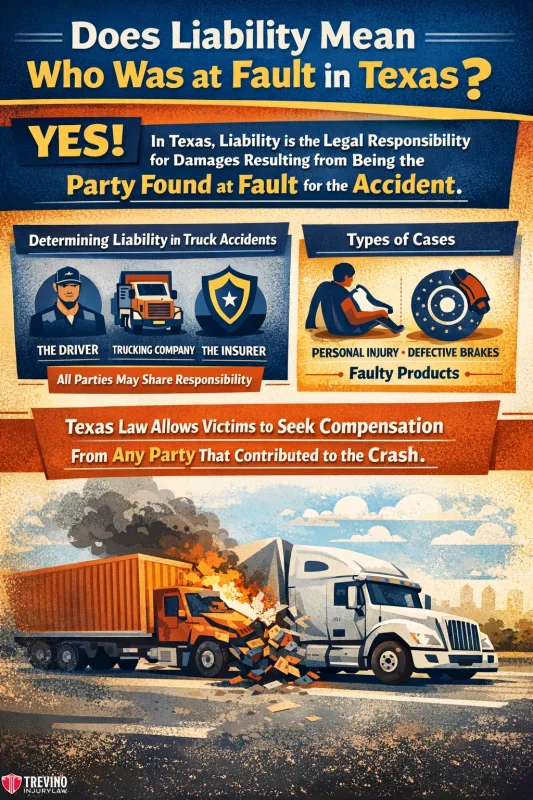 Does-liability-mean-who-was-at-fault-in-texas. Infographic showing Texas truck accident liability. Two trucks collide head-on. Text explains liability means legal responsibility for damages by the at-fault party. Illustrations show possible liable parties and case types, including personal injury and product defects.