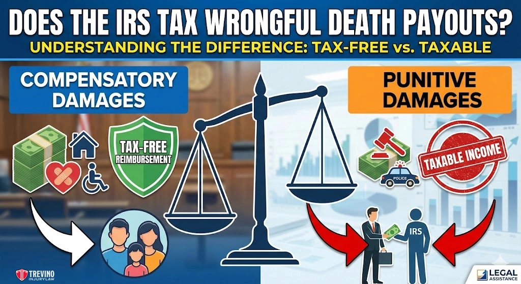 Does-the-IRS-tax-wrgonful-death-payouts. An infographic contrasts compensatory (tax-free) and punitive (taxable) damages in IRS wrongful death payouts, using icons like scales, hearts, money, a family, IRS, and tax labels in bold colors with explanatory text and arrows under a headline.
