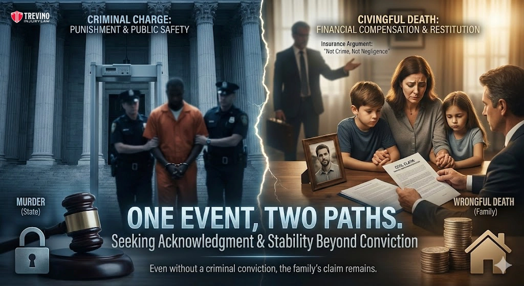 Event-without-a-criminal-conviction. A split image contrasts two outcomes after a death: left, a man in an orange jumpsuit is led by police, symbolizing criminal punishment; right, a grieving family consults a lawyer over wrongful death documents, highlighting civil compensation and emotional distress.