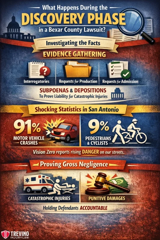 Evidence-gathering-catastrophic-injury. Infographic explains the discovery phase of lawsuits, showing steps: evidence gathering, subpoenas, and depositions. Statistics highlight 91% crashes vs 9% pedestrians/cyclists injured. Catastrophic injuries and punitive damages symbolize holding defendants accountable.